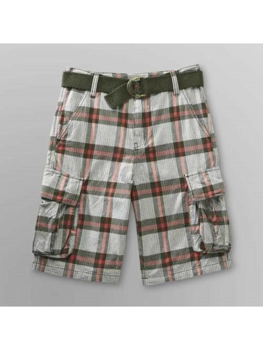 Route 66 Cargo Shorts Boys 6 Adjustable Waist Red Plaid Belted 6 Pocket